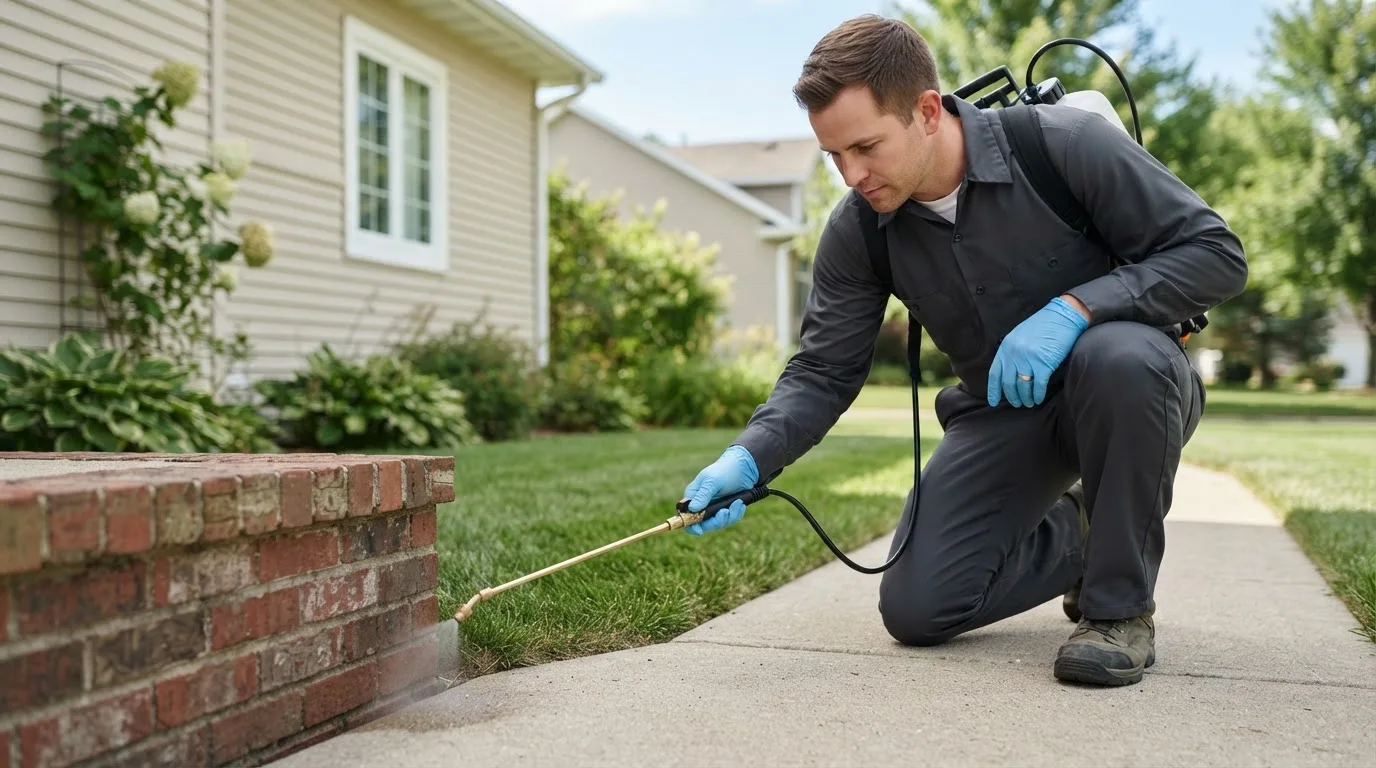 Pest control technician treating a home near Rocky Comfort, MO