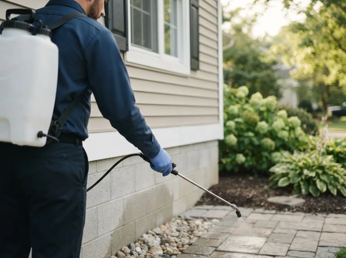 Pest control technician inspecting a home in Rocky Comfort, MO
